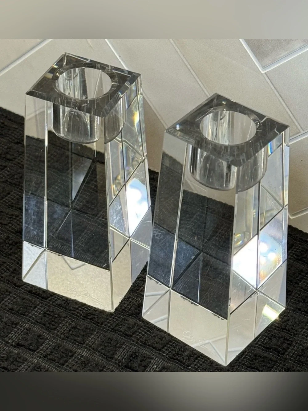 Oleg Cassini Signed Clear Crystal Candlestick Holders Pair 4